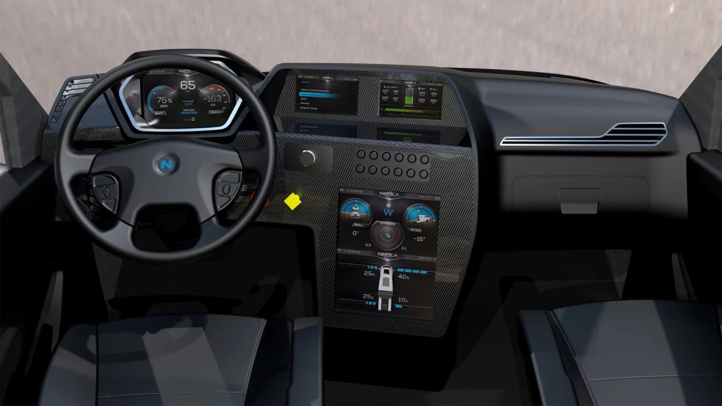 The cabin of the Nikola Semi is noticeably higher tech than the average big rig