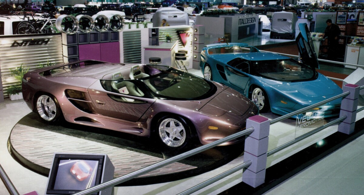 This prototype Vectors were the stars of the 1993 Geneva Motor Show. Stars rise and fall, but few automotive start-ups have ever burned this brightly.