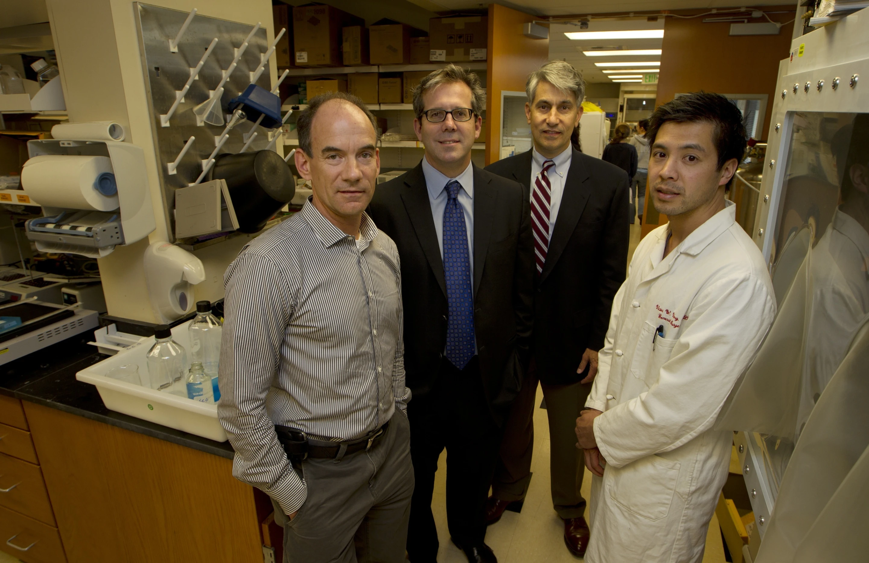 The team that created the stress-shielding device includes Reinhold Dauskardt, Geoffrey Gurtner, Michael Longaker and Victor Wong (Photo: Norbert von der Groeben)