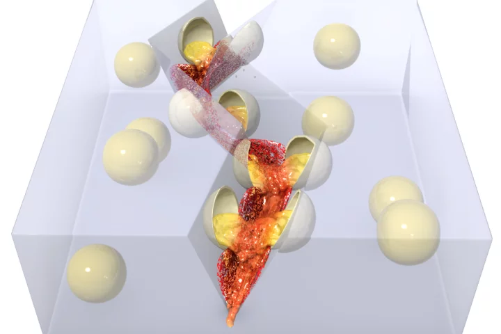 The polymer incorporates yellow dye, that changes color to red when released from microcapsules by structural damage