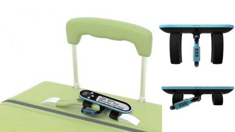 The Weigh To Go attaches to a luggage handle via velcro straps and a steel carabiner
