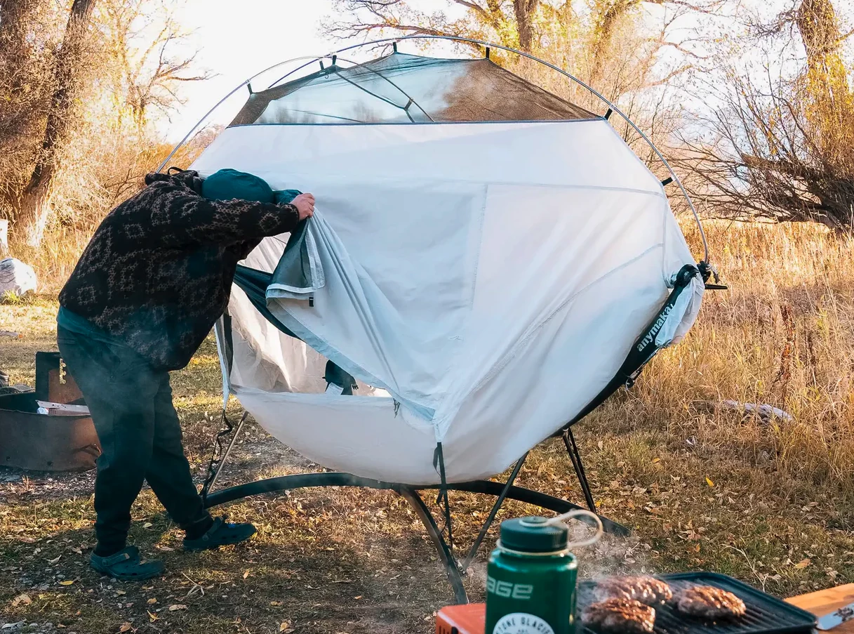 The Anymaka Hammock Tent includes two doors with mesh inners, windows and a mesh rooftop for loads of airflow