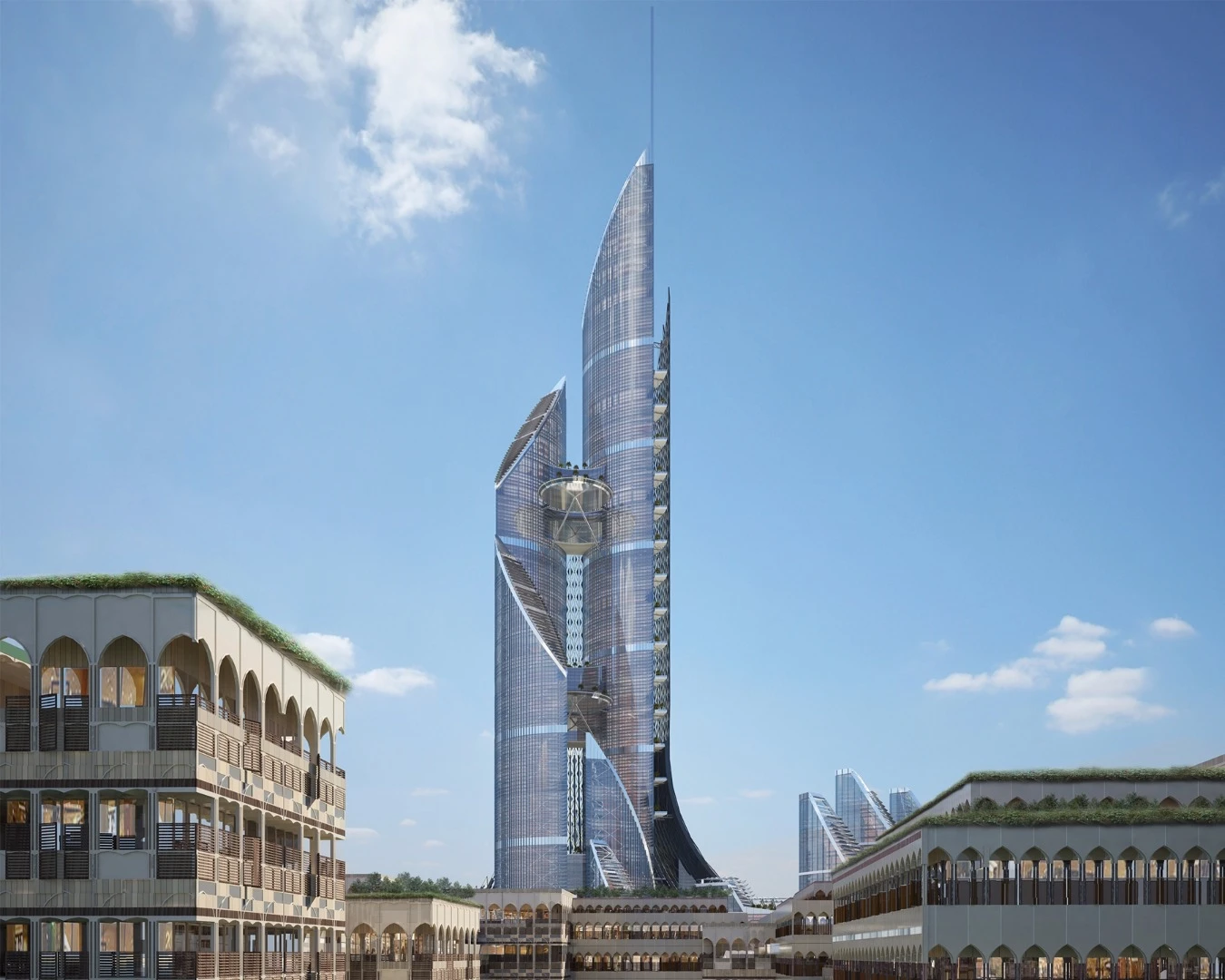 The Bride will comprise four towers, ranging in height from 244 m (801 ft) to 964 m (3,163 ft), joined together by a series of "sky gardens" and "sky squares"