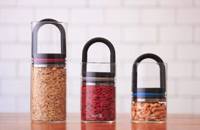 The EVAK food storage system removes all of the air from the jar thanks to a twin-valve lid
