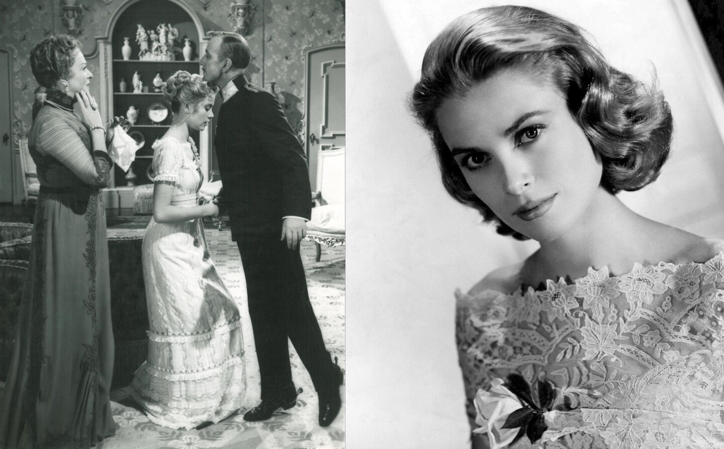 Grace Kelly wearing Lot 196 in the 'The Swan' when her character, Princess Alexandra first meets Prince Albert (Alec Guinness). Lot 196 at Bonhams and TCM "Treasures from the Dream Factory Auction, 23 November, 2015. At right is a publicity shot of Kelly, the girl who became a superstar, then gave it all up to become a real-life princess.