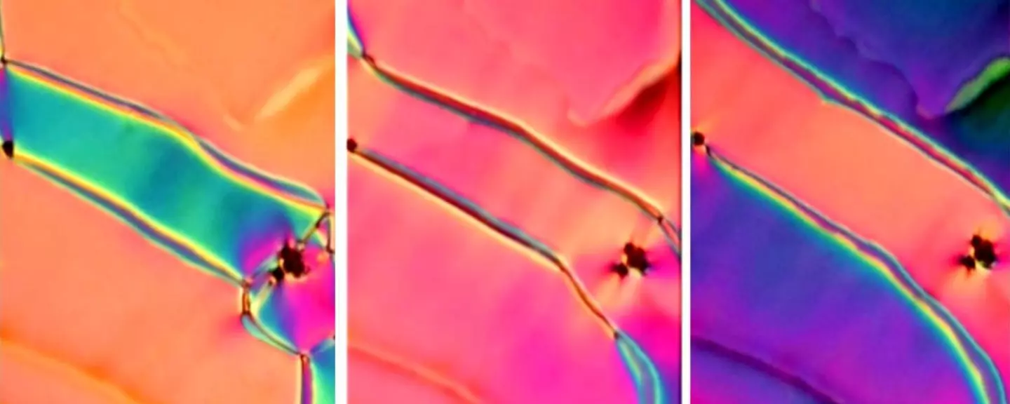 Colors in a newly discovered phase of liquid crystal shift as a small electric field is applied