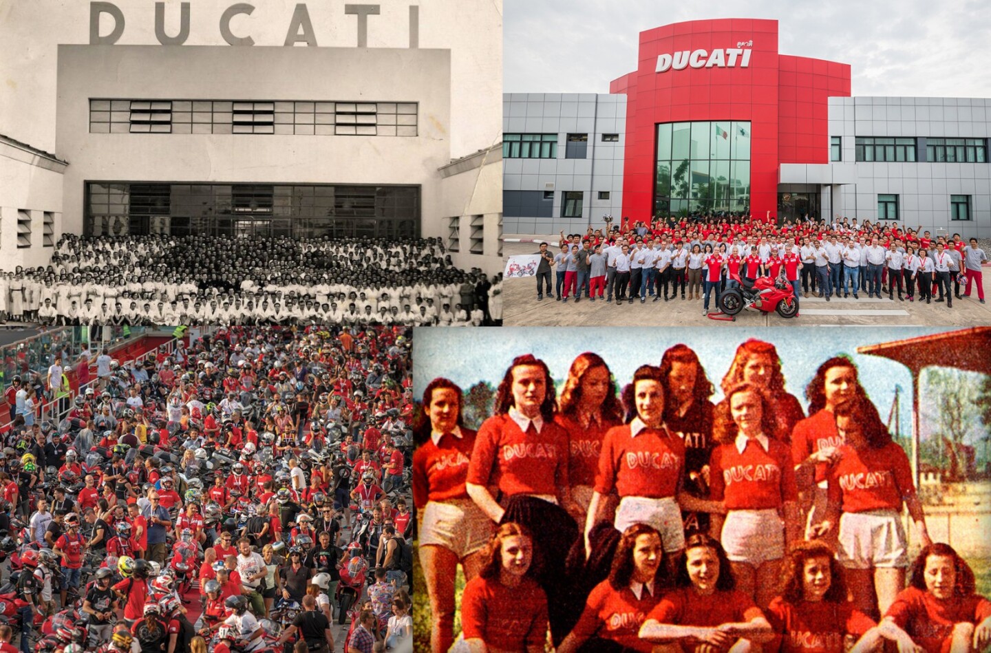 That's the Ducati factory in 1939 at top left, and at top right is the newest Ducati factory in Thailand in 2016. The picture at bottom left was taken during World Ducati Week 2018, and the bottom right image s of the Ducati womens athletics team prior to WW2. Ducatisti, one and all.