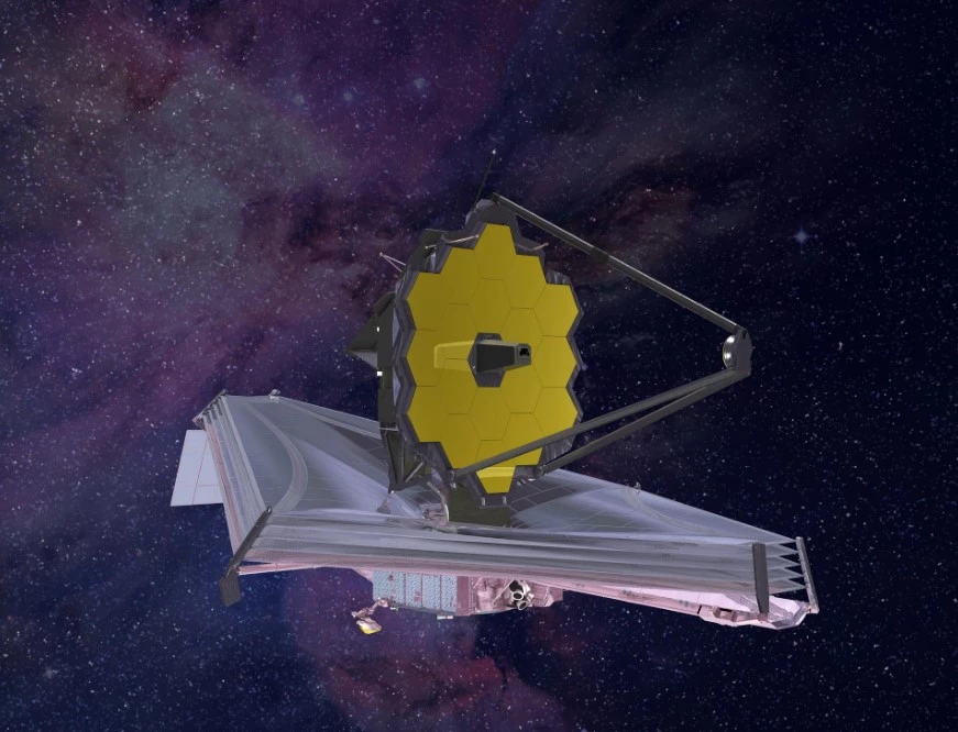 Artists depiction of the JWST showing the huge 5-layered sunshield