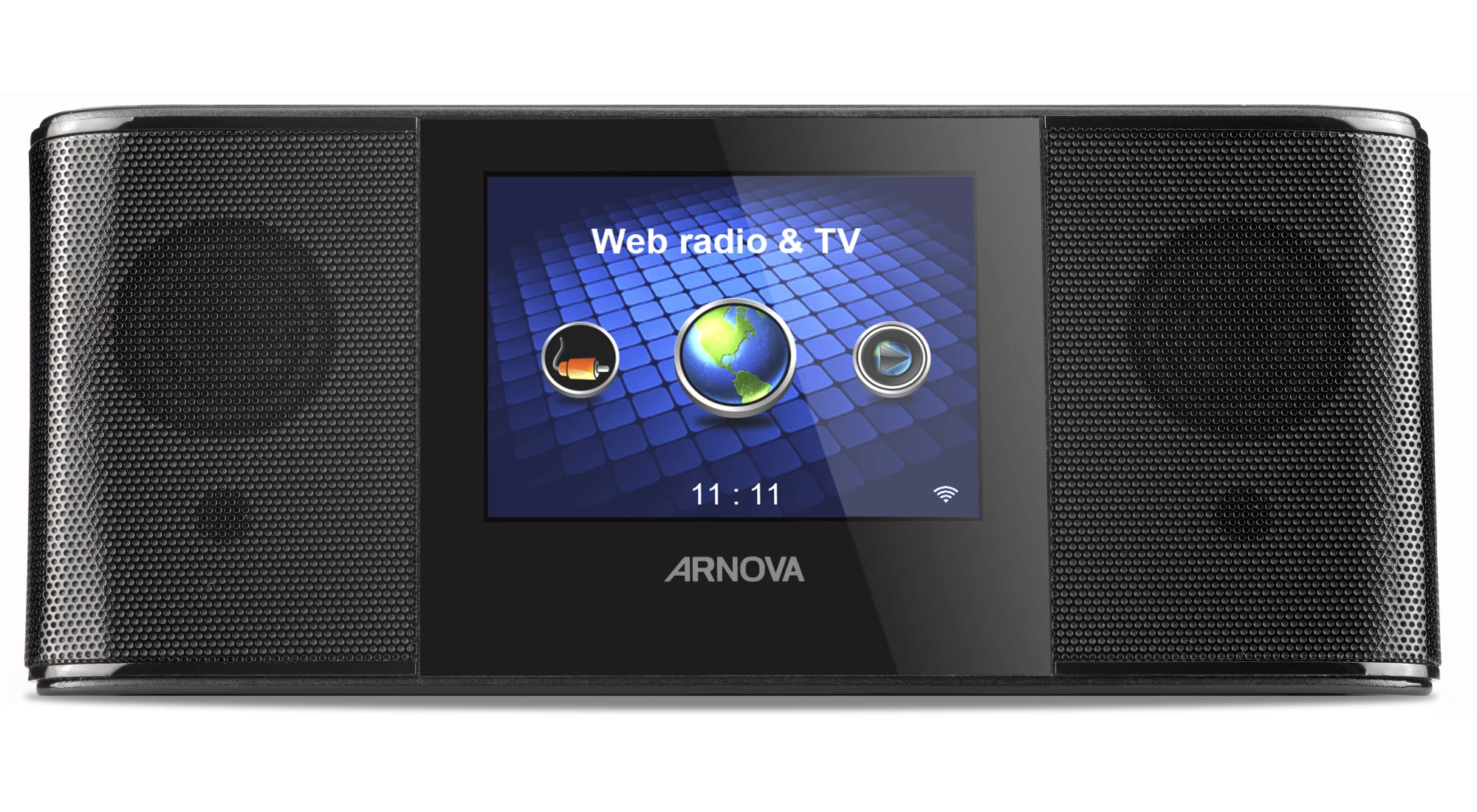Wedged between a pair of stereo speakers is a 3.5-inch display for watching web TV content, and accessing menus and features