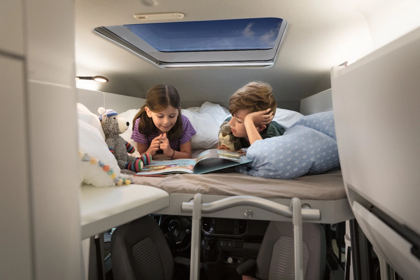 The optional kids' bunk bed includes a skylight overhead