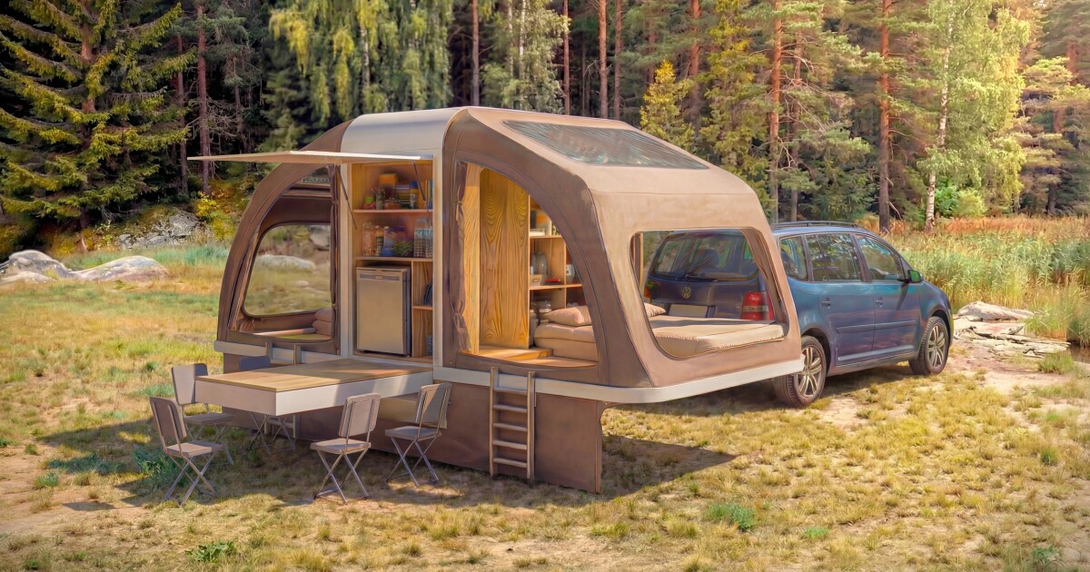 Wingcube camper pod mushrooms into double-bedroom platform tent