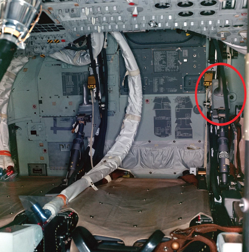 Interior of the Apollo 11 Command Module showing where the rotation control would go