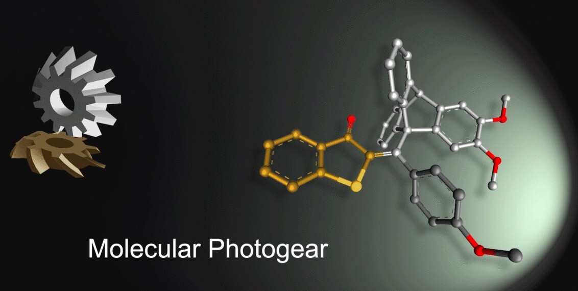 Left: an image representing how each component of the molecular photogear functions. Right: a molecular model of the two components of the gears, the propeller (gray) and plate (gold)