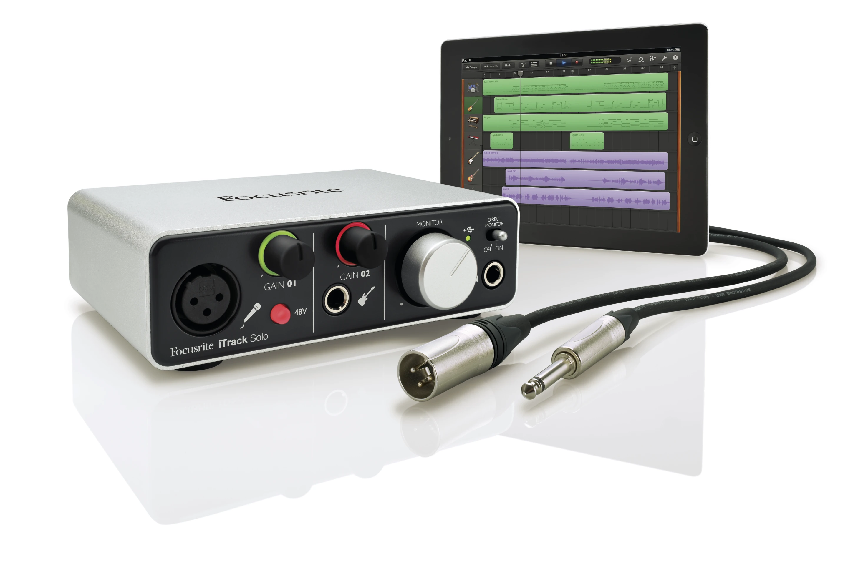 The iTrack Solo features studio-quality guitar and microphone inputs, built-in AD/DA conversion and onboard monitoring