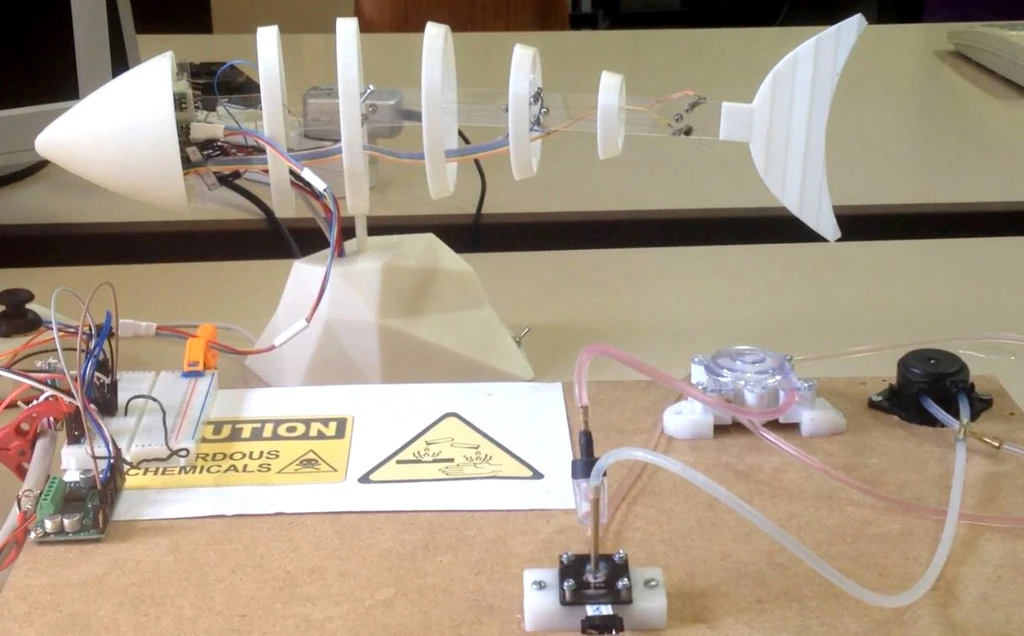 The robotic fish uses shape memory alloy actuators to bend a "backbone" and drive it through the water
