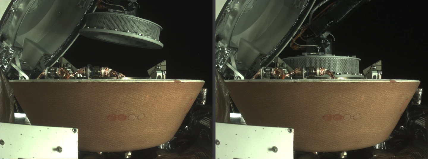 The sampler head approaches the return capsule (left) and is secured