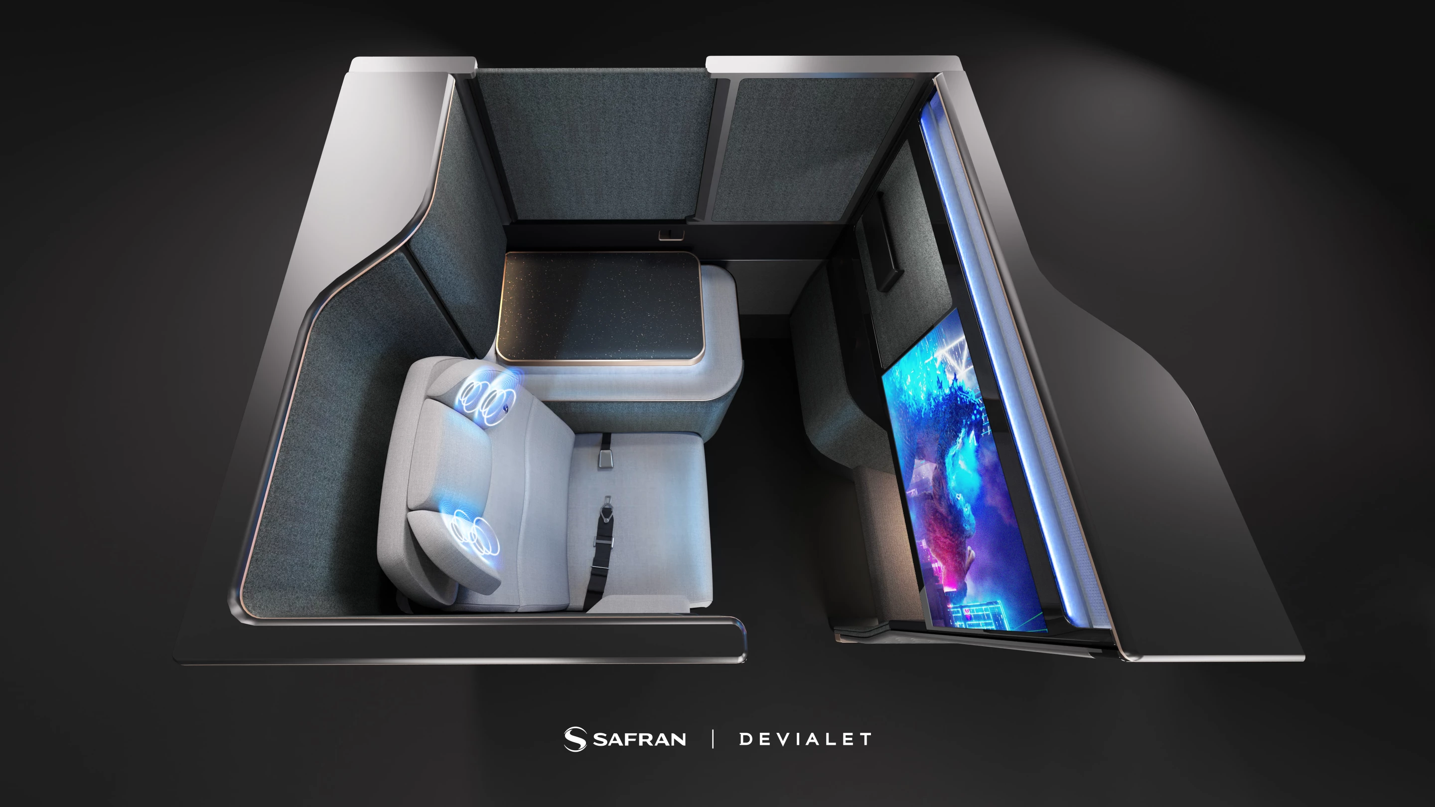 The Euphony experience with Devialet sound installed in a Unity cubicle designed by Safran Seats