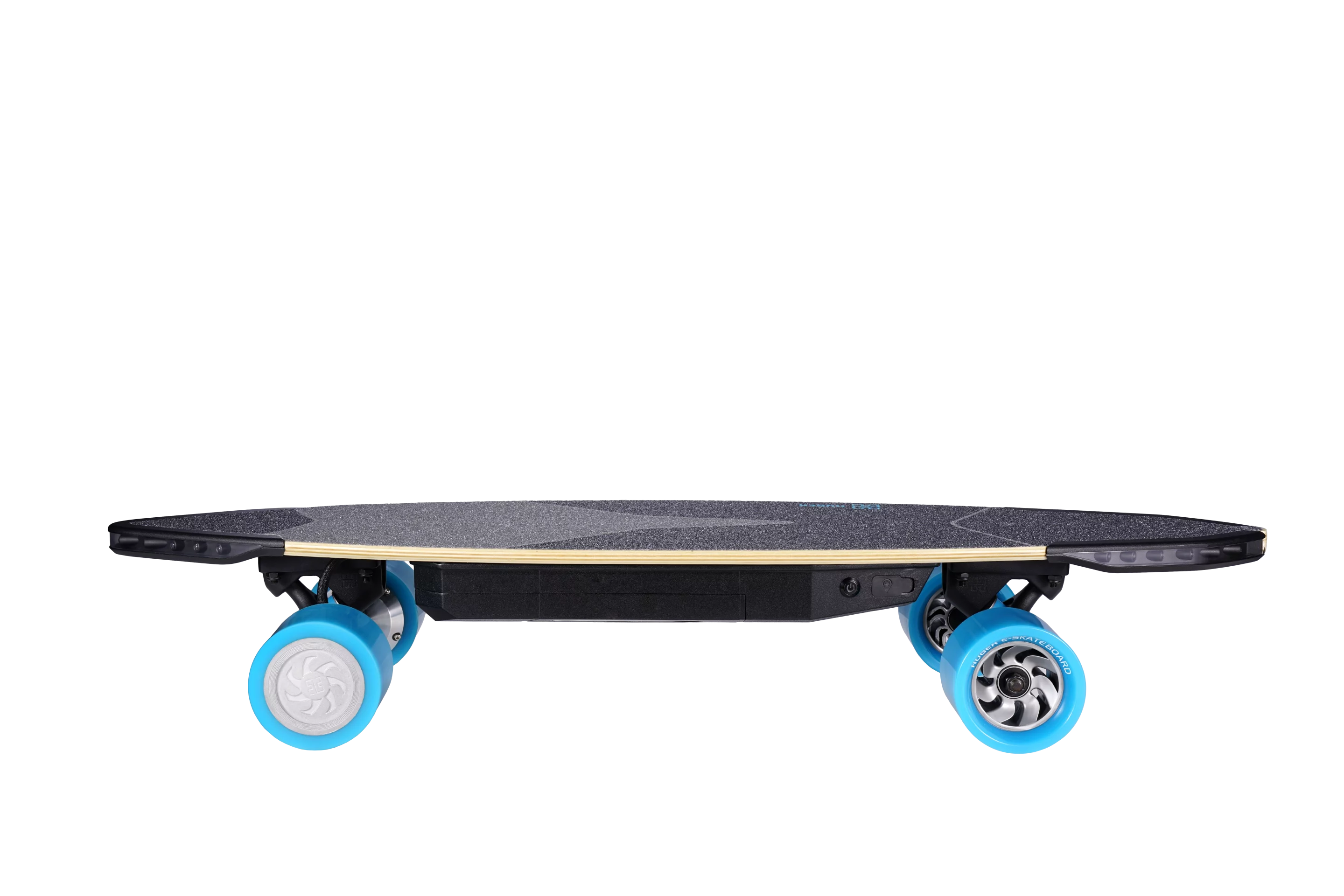 The Huger Tech skateboards have hub motors instead of rear-mounted motors like Evolve