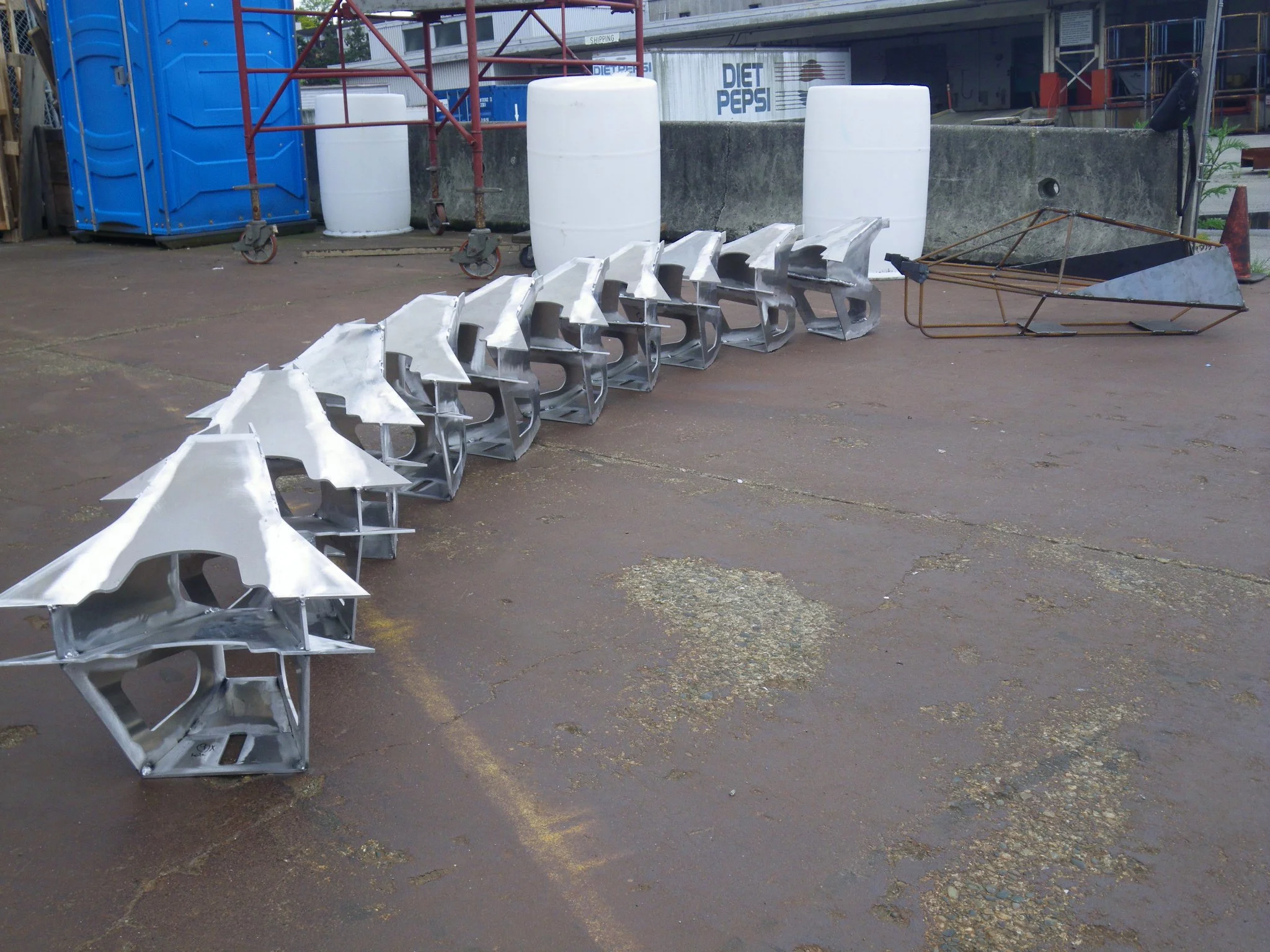 Titanoboa's steel vertebrae and head framework, early in the production process