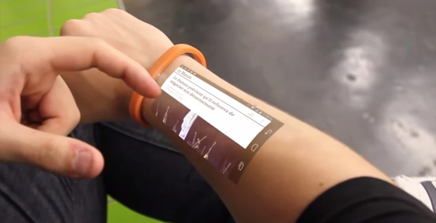 The Cicret Bracelet uses a row of eight proximity sensors to work out where the user's finger is