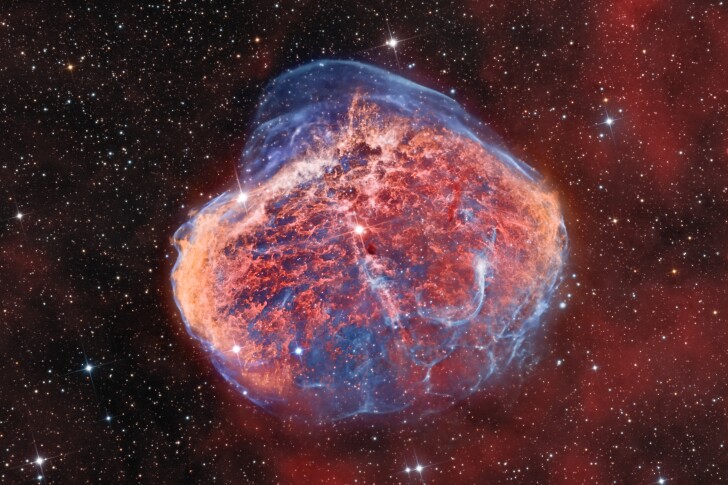 Stars and Nebulae. NGC 6888 – The Crescent Nebula. A deep view of the Crescent Nebula in Cygnus, the result of shockwaves originating from the Wolf–Rayet star WR 134. Taken with a ZWO-ASI6200MM-Cool camera, 3654 mm f/9, 45 hours of 10-minute exposures