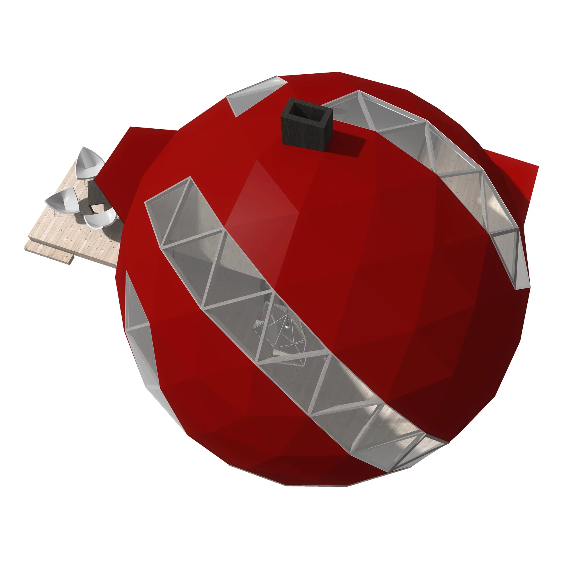 The dome’s exterior is made with a prefabricated frame and fitted with 9-mm (0.35-in) fiber concrete slabs with a liquid rubber finish