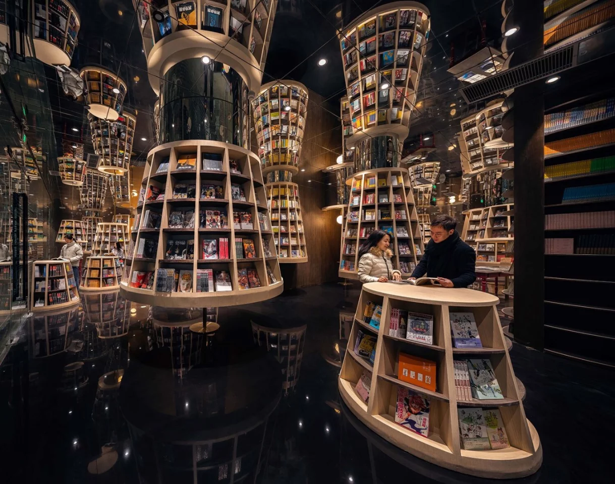 Lampshade inspired bookshelves inside the Chongqing Zhongshuge Bookstore