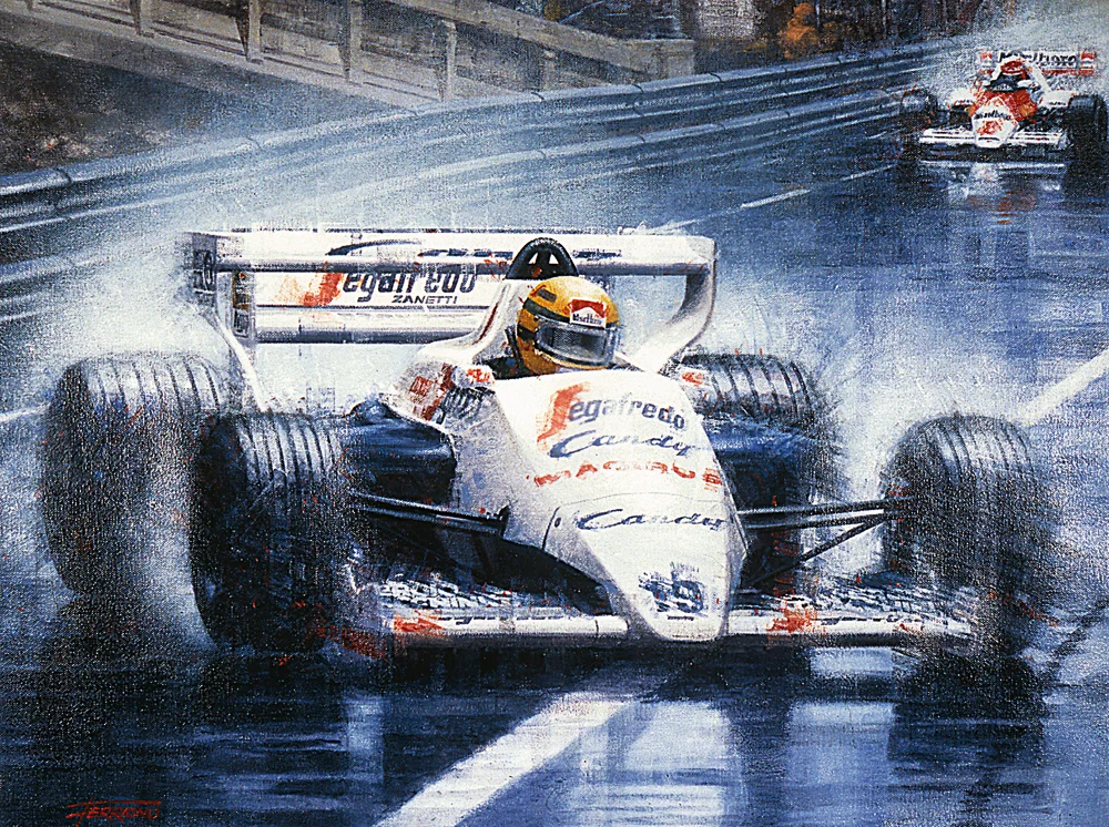 A painting commemorating Senna's legendary Monaco GP drive from the book, "The Toleman Story - Last Romantics in Formula 1" by Christopher Hilton (ISBN 978-1-84584-217-8).