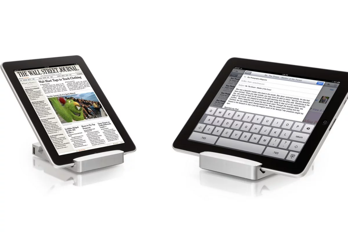 The HyperMac Stand from the Sanho Corporation combines an iPad stand with two angled viewing options, with a 16 hour backup battery pack