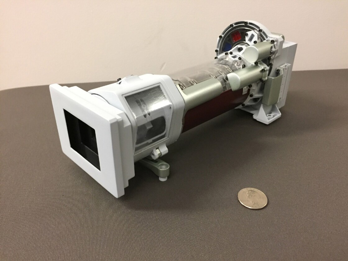 A 3-D printed model of Mastcam-Z, one of the science cameras on NASA's Mars 2020 rover – Mastcam-Z will include a 3:1 zoom lens