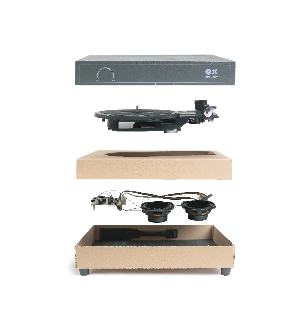 Exploded view of the Spinbox all-in-one portable turntable system, which comes as a build-it-yourself kit