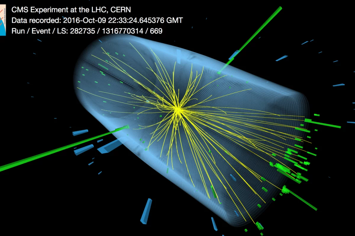 A visual representation of a 2016 event in which the Higgs boson decayed into two photons (their energy deposits shown as the green lines), which helped scientists narrow down the mass of the particle