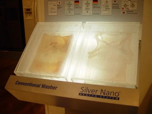 Part of the demonstration involved the display of clothes that had been washed in a non-Samsung washing machine and identical clothes that had been washed in the Silver-nano system. They'd been sealed in their own boxes for a considerable period and ther