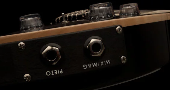 Output from the LR Baggs/PRS piezo system can be routed to its own jack or blended with the signal from the guitar's Paul Reed Smith-designed 58/15 treble and bass pickups