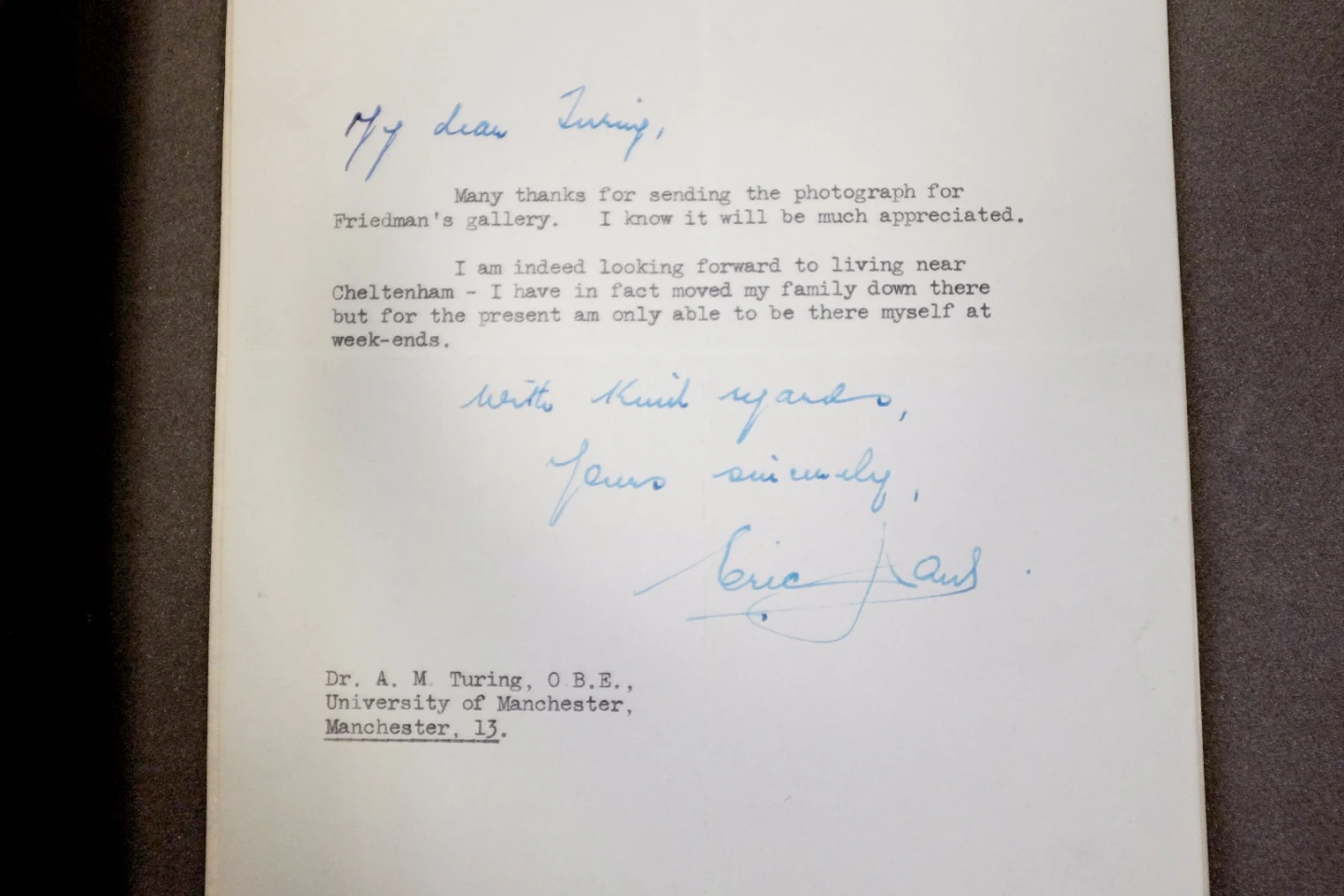 A letter sent to Alan Turing