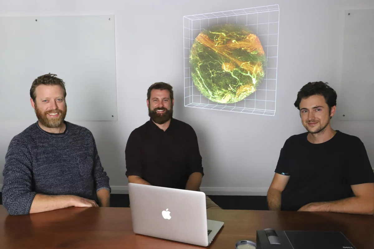 Lead researchers Dr Palmer, Dr Flynn and Dr Martin with 3D cancer tissue biopsy, an online sample made possible by The Virtual Biobank