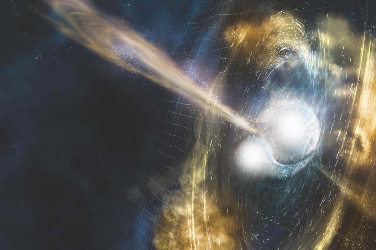 An artist's rendition of the merger of two neutron stars, which was witnessed for the first time in August last year and continues to puzzle astronomers