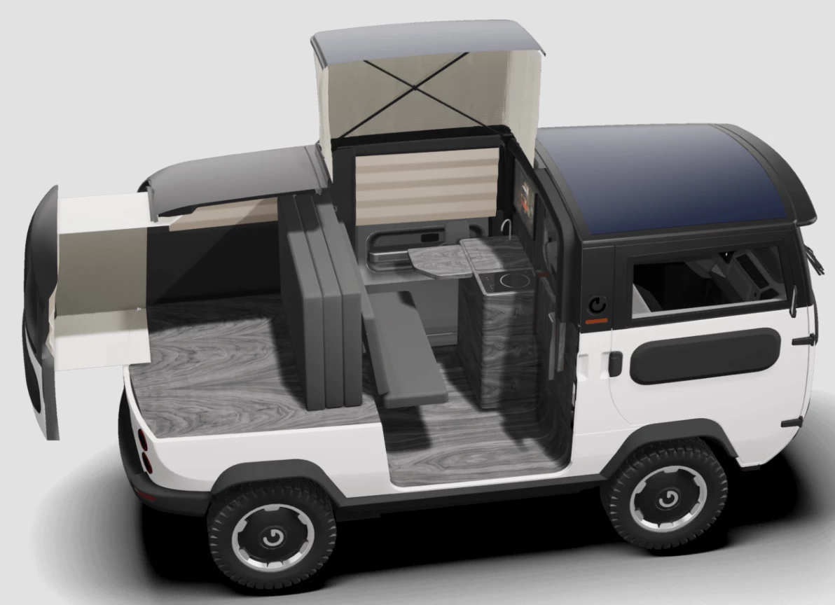 Original renderings showed a driver-side kitchen, but the Xbus Camper prototype has a more centralized kitchen block