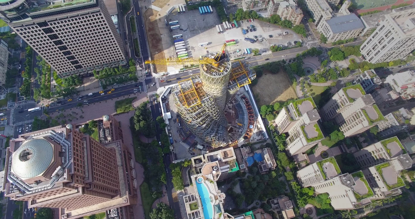 Top-down drone's-eye view of the Agora Garden Tower