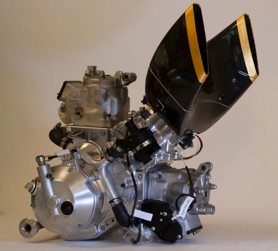 Vins provides the 250cc 2-stroke engine, a 90-degree v-twin with CNC-machined engine casings and an impressive 80 horsepower