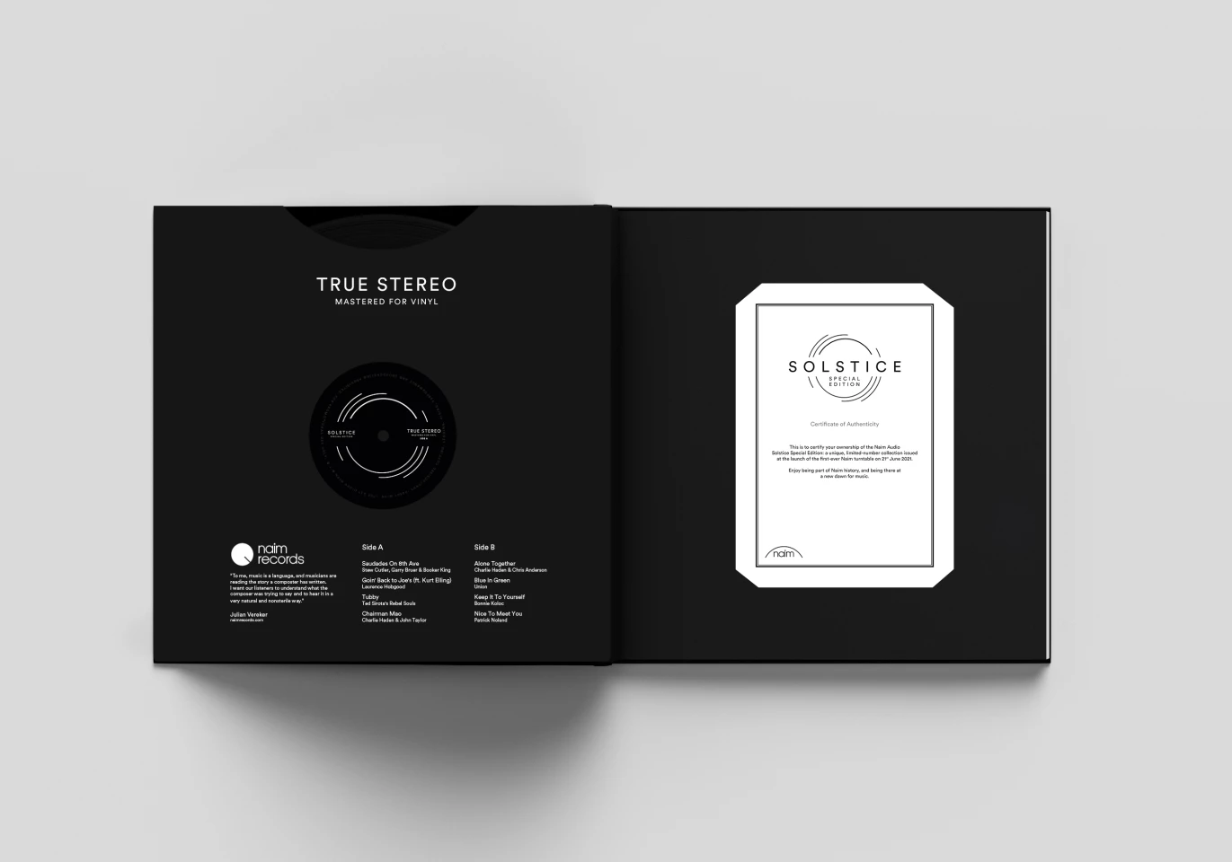 The commemorative book accompanying the Solstice Special Edition turntable includes an eight-track vinyl record