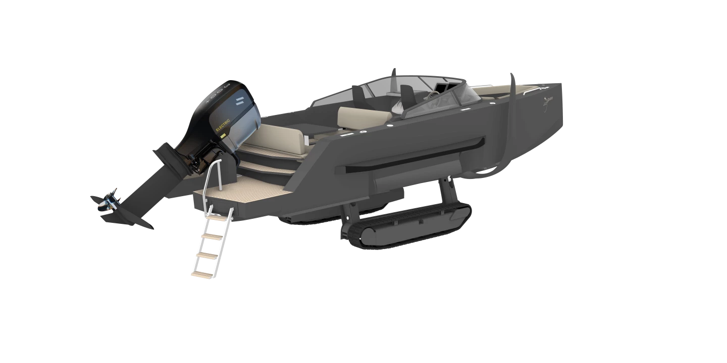 With the Evoy electric outboard and surface-piercing foils raised, and the caterpillar tracks deployed, the Iguana Foiler can rumble on land at up to 4 mph