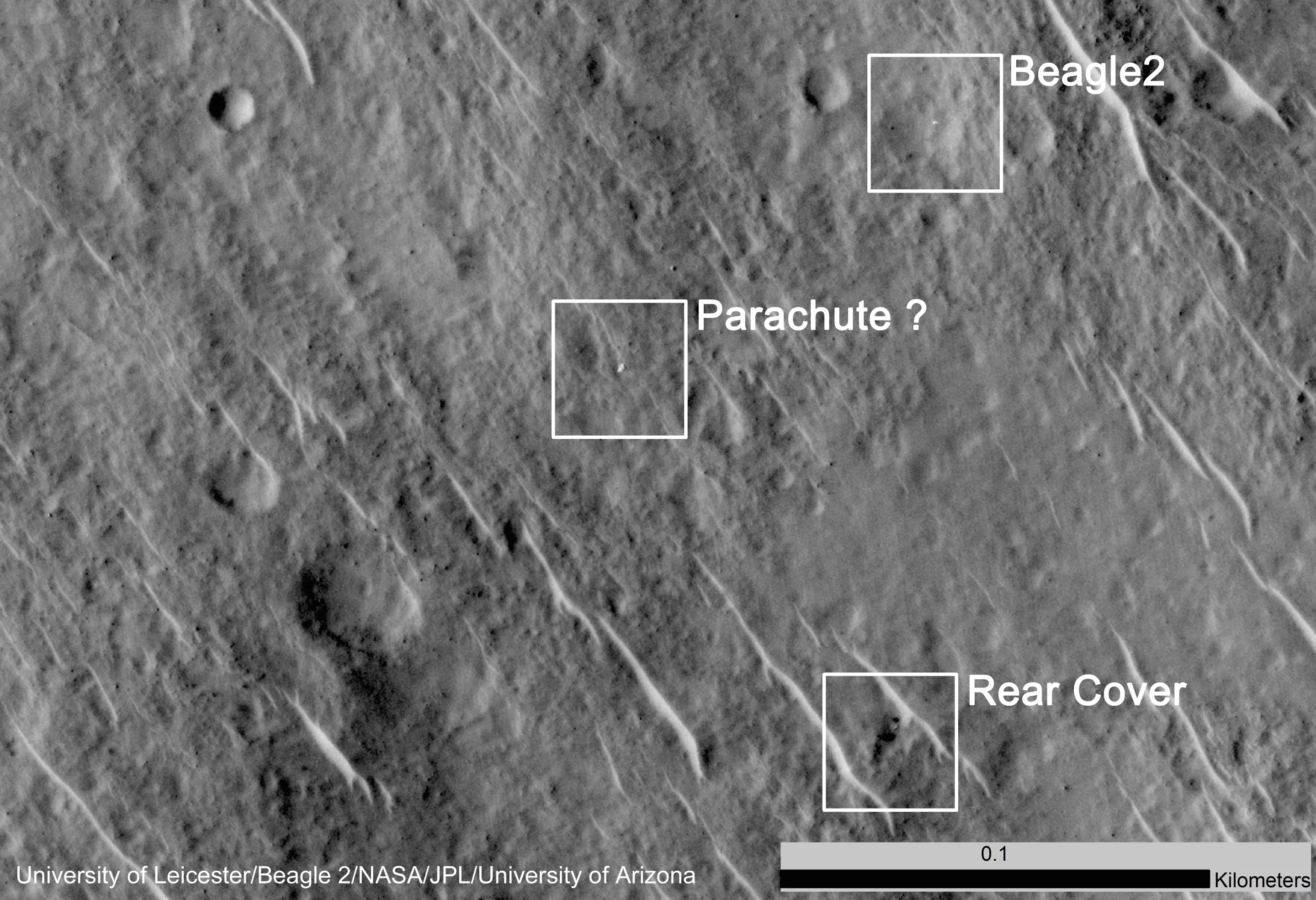 Image captured from the MRO showing the site of debris and the Beagle-2 lander itself (Image: University of Leicester, Beagle 2, NASA, JPL, University of Arizona)