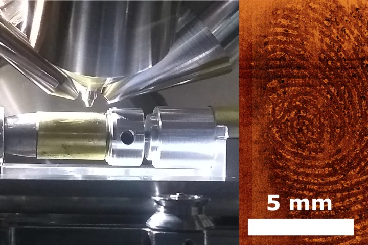 A shell casing being analyzed on the rotating platform developed for the technique (left), and a fingerprint that was obtained using it
