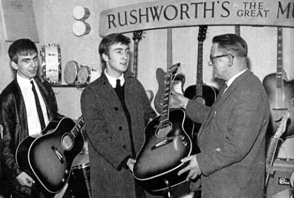 In September of 1962, John Lennon and George Harrison each purchased jumbo J-160E Gibson acoustic guitars from Rushworth's Music House in Liverpool for £161.