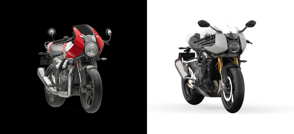The Thruxton 400 on the left, and the Speed Triple 1200 RR on the right – am I wrong about them looking awfully similar?
