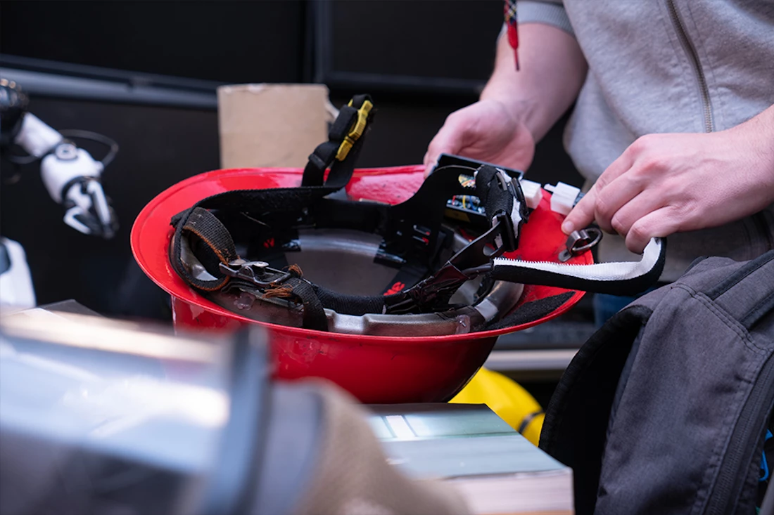 The helmet is fitted with haptic actuators that allow firefighters to navigate a smoke-filled room by following directional buzzes