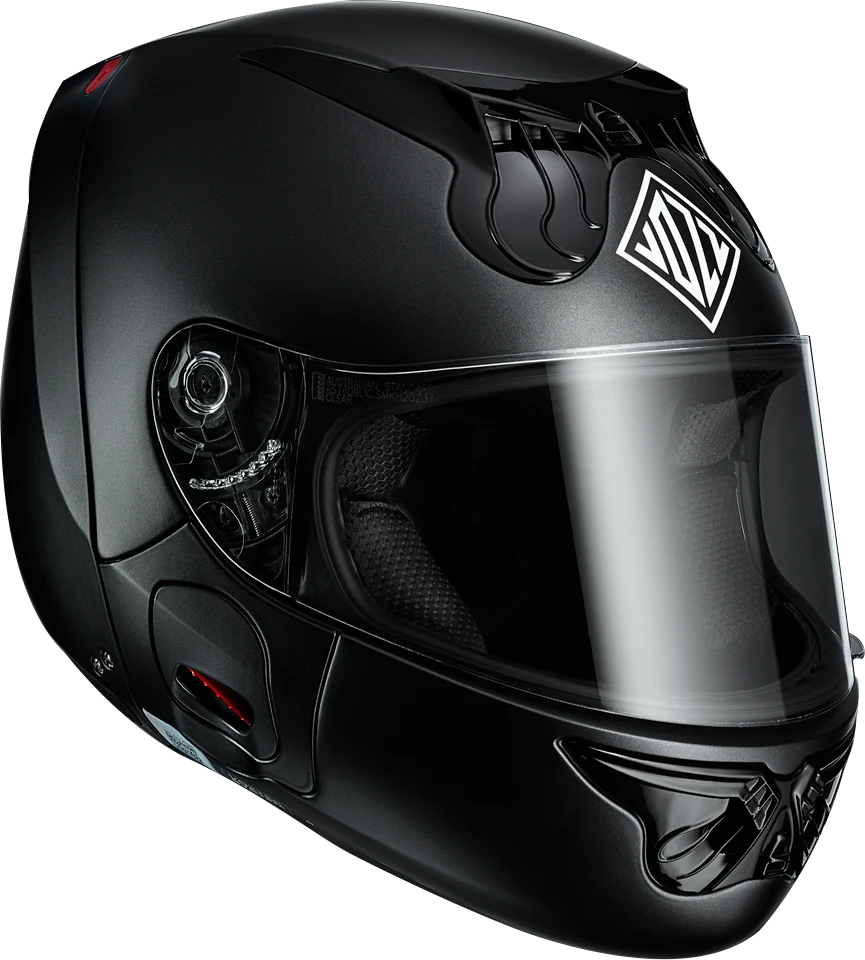 The Vozz RS 1.0 helmet is equipped with anti-fog, anti-scratch and UV protection visor