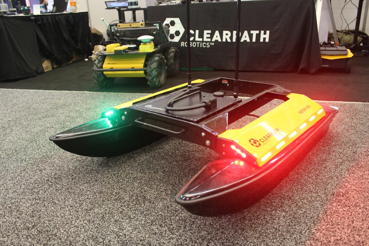 The carbon fiber-bodied Heron USV on display in Montreal, at ICRA 2019