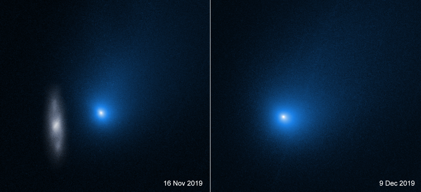 The two new Hubble images of 2I/Borisov, taken on approach (left) and as it was leaving (right)